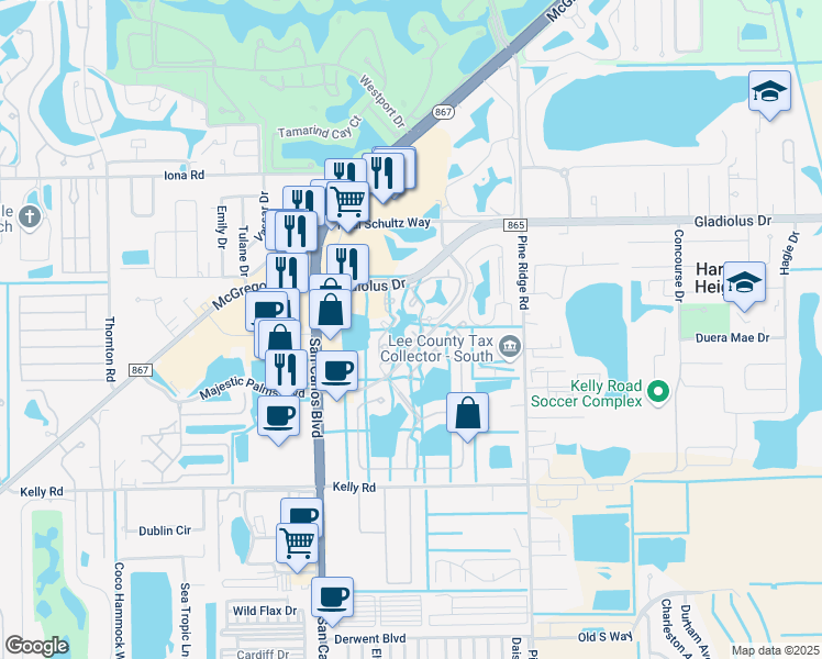 map of restaurants, bars, coffee shops, grocery stores, and more near 15645 Ocean Walk Circle in Fort Myers