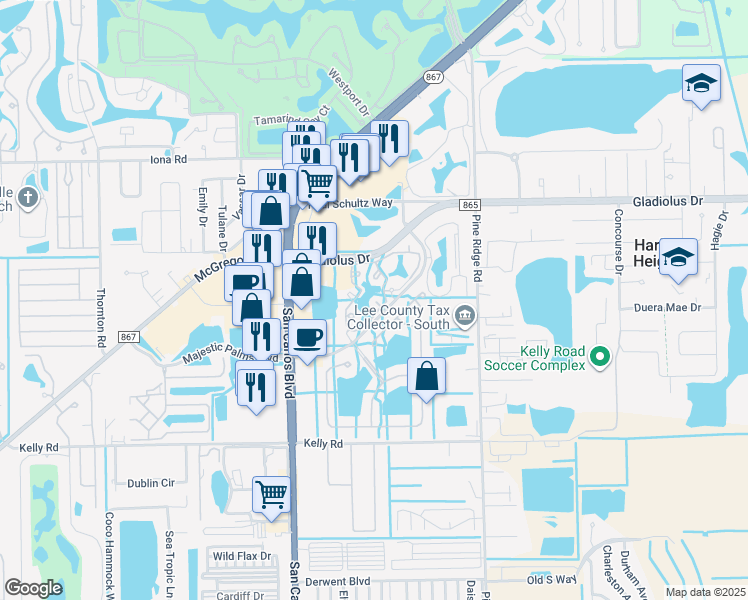 map of restaurants, bars, coffee shops, grocery stores, and more near 15645 Ocean Walk Circle in Fort Myers