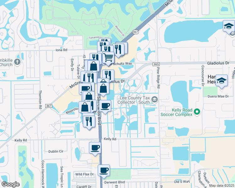 map of restaurants, bars, coffee shops, grocery stores, and more near 15645 Ocean Walk Circle in Fort Myers