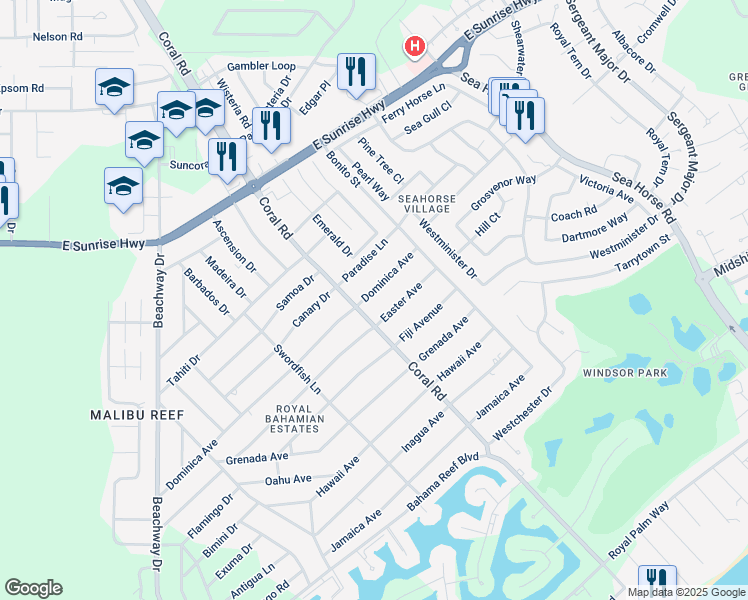 map of restaurants, bars, coffee shops, grocery stores, and more near Easter Avenue in Freeport