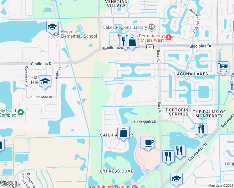 map of restaurants, bars, coffee shops, grocery stores, and more near 9760 Mirada Boulevard in Fort Myers