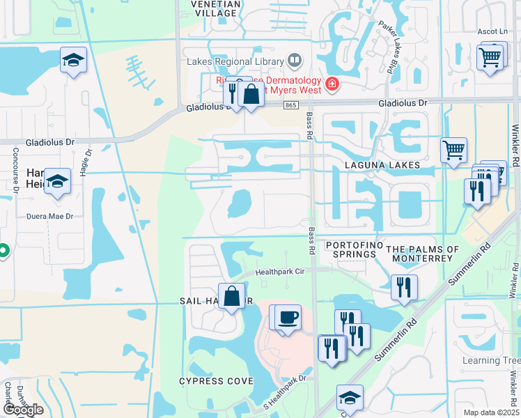 map of restaurants, bars, coffee shops, grocery stores, and more near 9628 Mirada Boulevard in Fort Myers