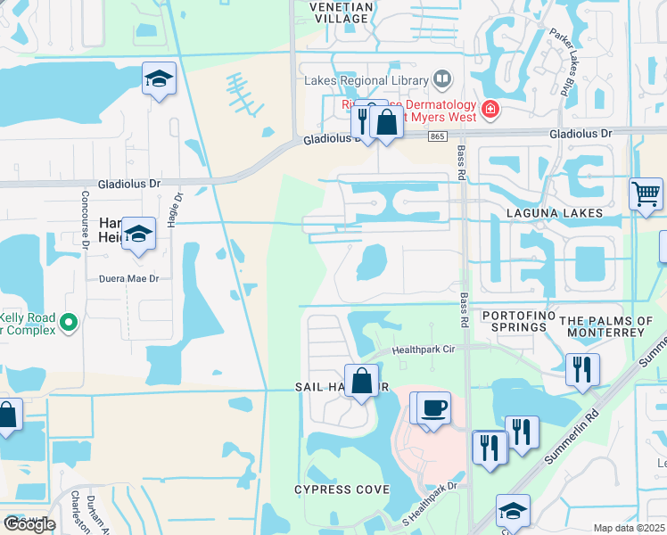 map of restaurants, bars, coffee shops, grocery stores, and more near 9708 Mirada Boulevard in Fort Myers