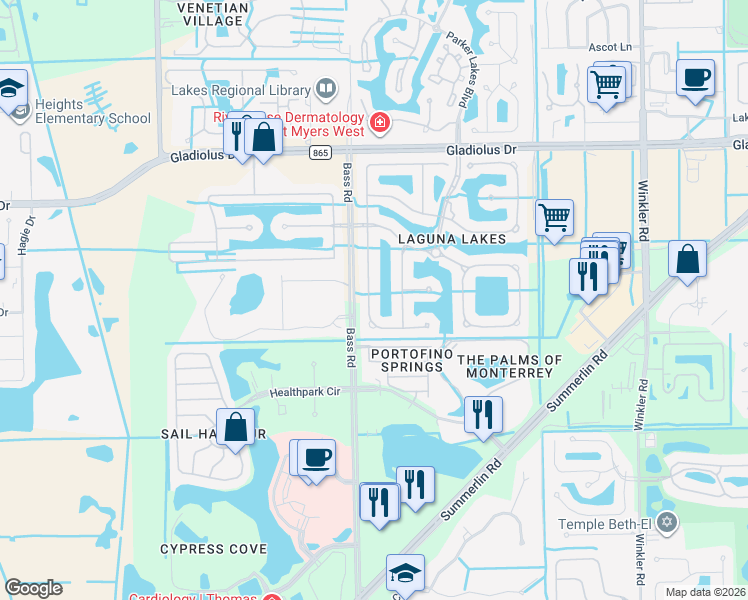 map of restaurants, bars, coffee shops, grocery stores, and more near 15499 Laguna Hills Drive in Fort Myers