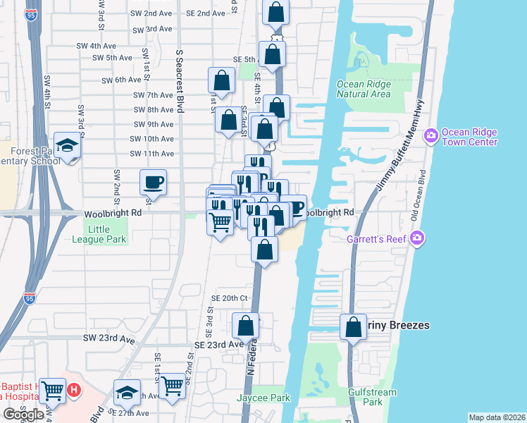 map of restaurants, bars, coffee shops, grocery stores, and more near N Federal Hwy & E Woolbright Rd in Boynton Beach