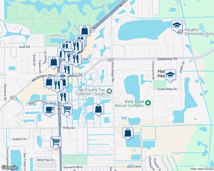 map of restaurants, bars, coffee shops, grocery stores, and more near 15660 Pine Ridge Road in Fort Myers