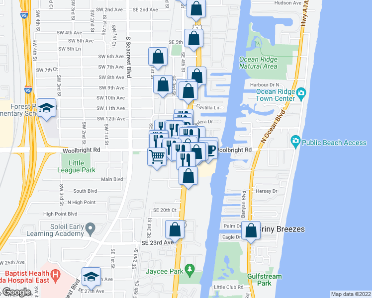 map of restaurants, bars, coffee shops, grocery stores, and more near US-1 & E Woolbright Rd in Boynton Beach