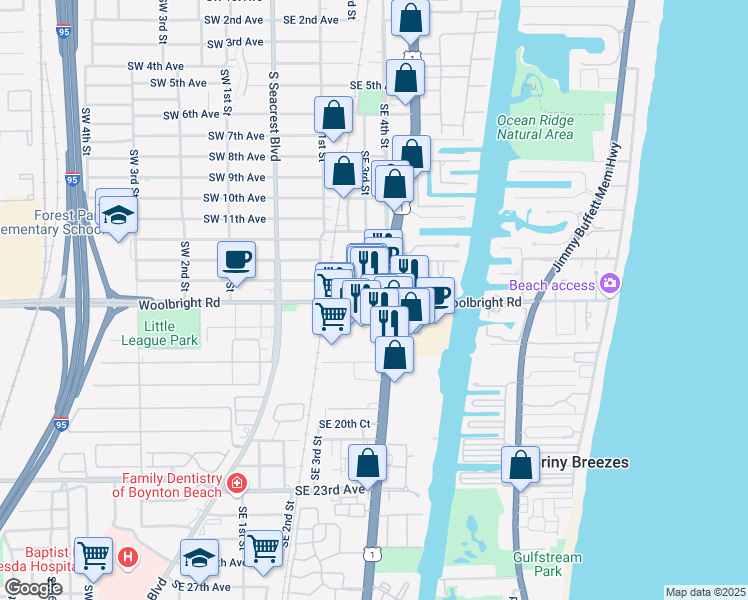map of restaurants, bars, coffee shops, grocery stores, and more near 501 East Woolbright Road in Boynton Beach