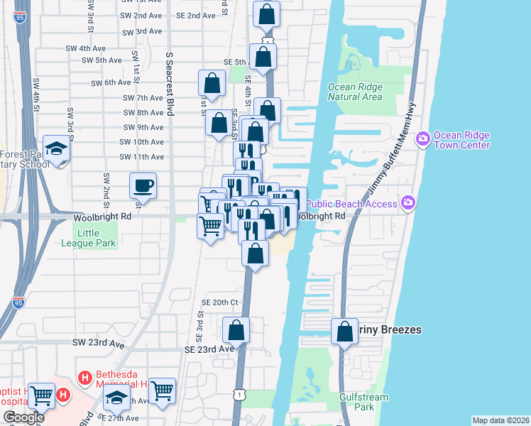 map of restaurants, bars, coffee shops, grocery stores, and more near 600 East Woolbright Road in Boynton Beach