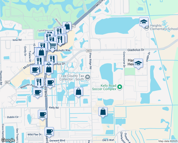 map of restaurants, bars, coffee shops, grocery stores, and more near 15660 Pine Ridge Road in Fort Myers