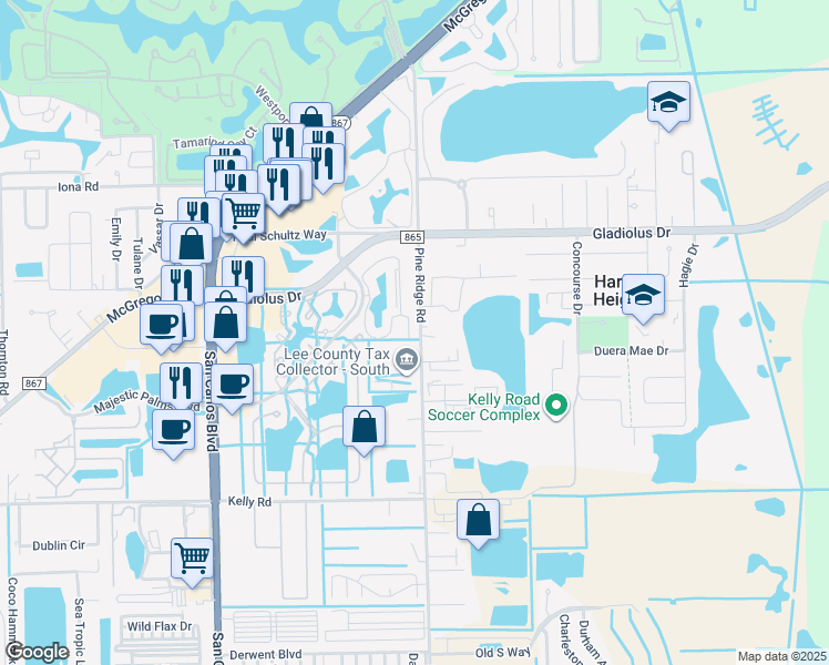 map of restaurants, bars, coffee shops, grocery stores, and more near 15660 Pine Ridge Road in Fort Myers