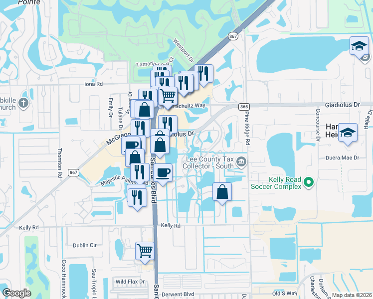 map of restaurants, bars, coffee shops, grocery stores, and more near 15630 Ocean Walk Circle in Fort Myers