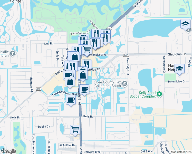 map of restaurants, bars, coffee shops, grocery stores, and more near 15630 Ocean Walk Circle in Fort Myers