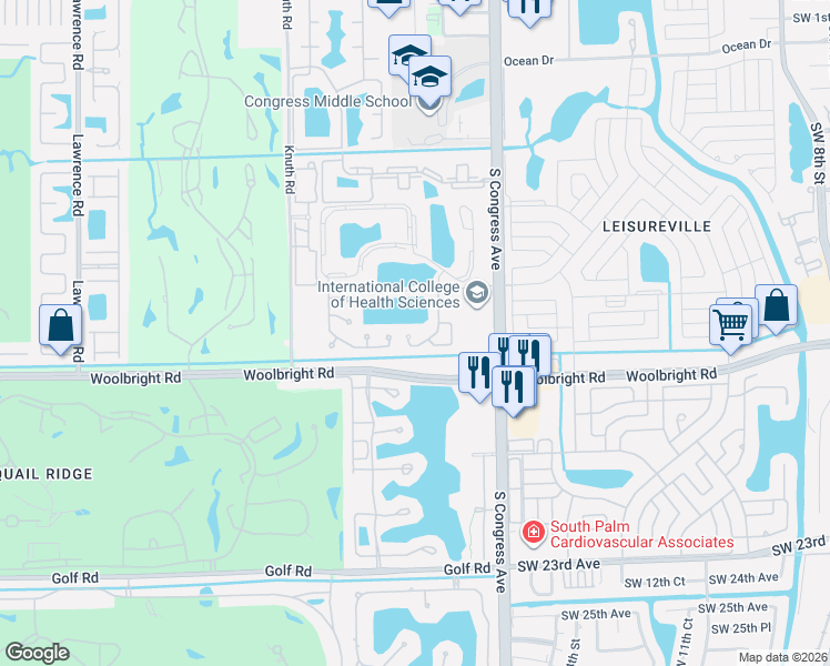 map of restaurants, bars, coffee shops, grocery stores, and more near 46 Tara Lakes Drive East in Boynton Beach