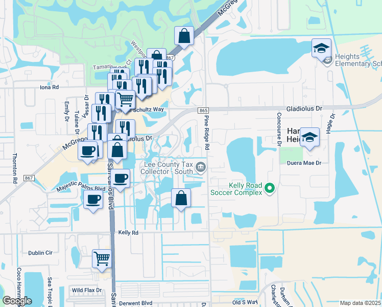 map of restaurants, bars, coffee shops, grocery stores, and more near 15470 Bellamar Circle in Fort Myers