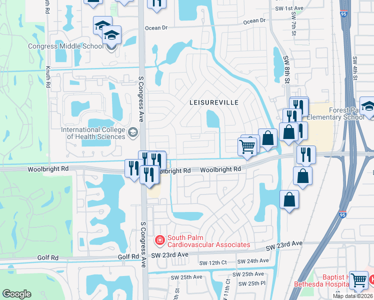 map of restaurants, bars, coffee shops, grocery stores, and more near 2095 Southwest 13th Way in Boynton Beach