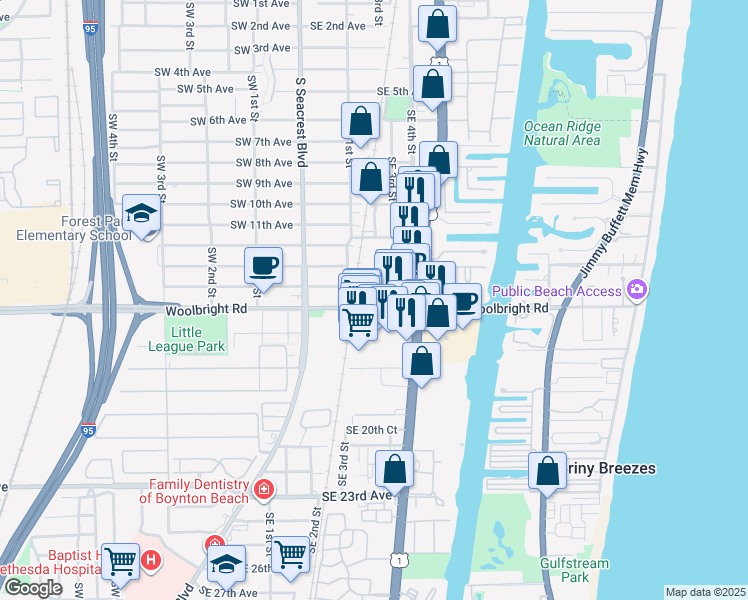 map of restaurants, bars, coffee shops, grocery stores, and more near 1575 South Federal Highway in Lantana