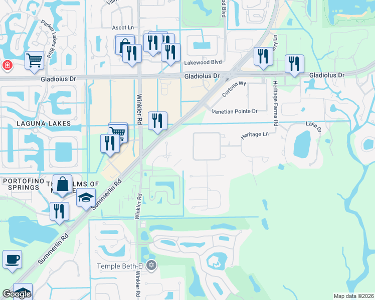 map of restaurants, bars, coffee shops, grocery stores, and more near 3714 Liberty Square in Fort Myers