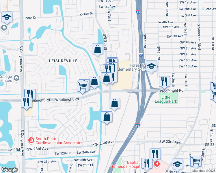 map of restaurants, bars, coffee shops, grocery stores, and more near 905 West Woolbright Road in Boynton Beach
