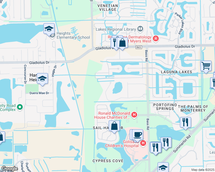 map of restaurants, bars, coffee shops, grocery stores, and more near 9820 Gladiolus Bulb Loop in Fort Myers