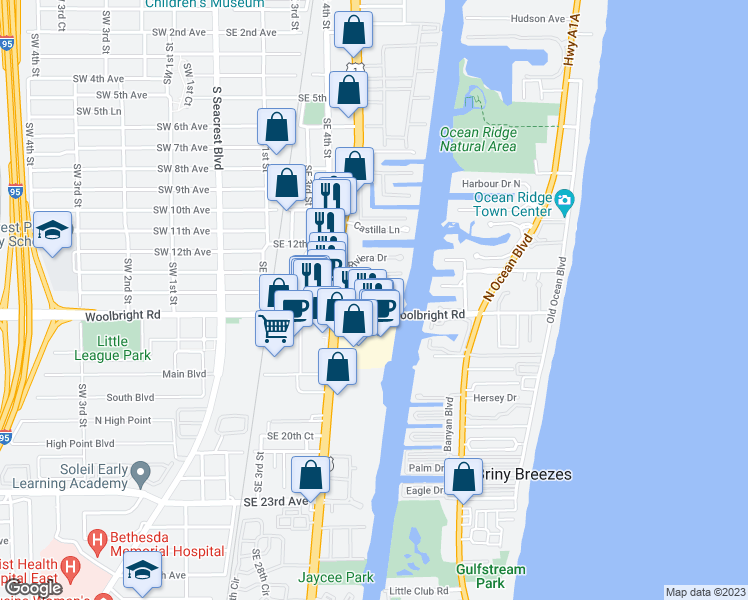 map of restaurants, bars, coffee shops, grocery stores, and more near 624B Riviera Drive in Boynton Beach