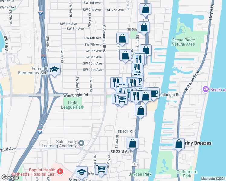 map of restaurants, bars, coffee shops, grocery stores, and more near 133 Southeast 14th Avenue in Boynton Beach