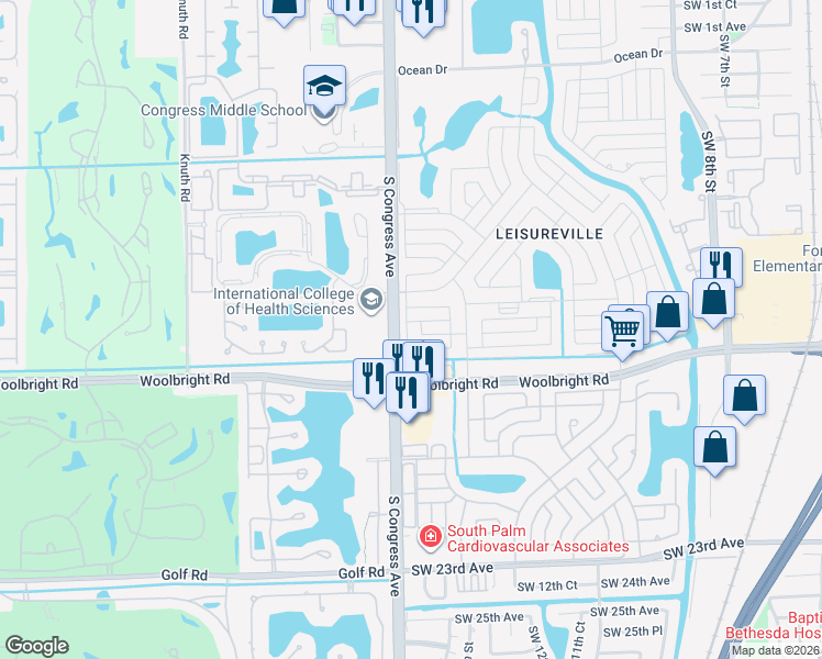 map of restaurants, bars, coffee shops, grocery stores, and more near 2397 Southwest 13th Way in Boynton Beach