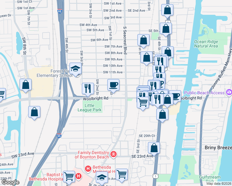 map of restaurants, bars, coffee shops, grocery stores, and more near 141 Southwest 14th Avenue in Boynton Beach