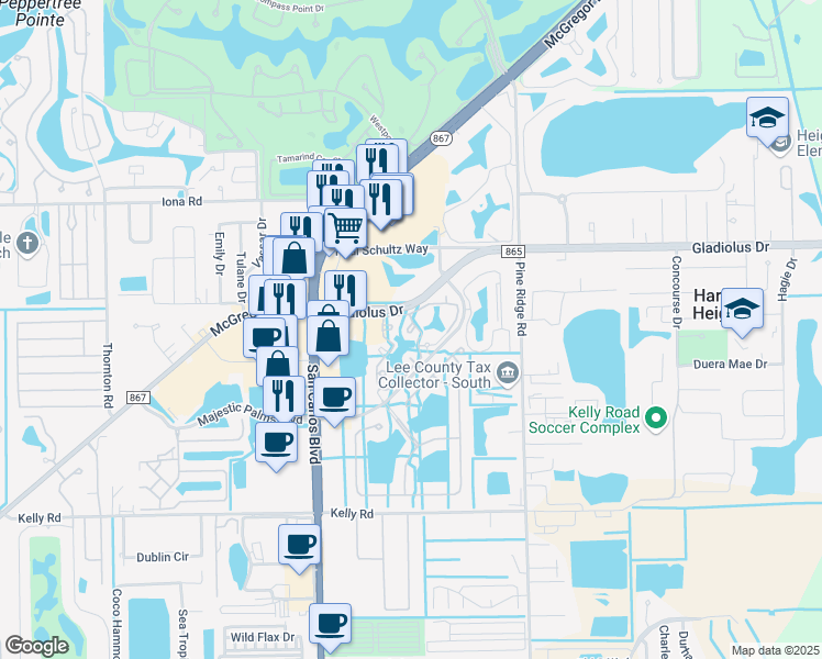 map of restaurants, bars, coffee shops, grocery stores, and more near 11400 Ocean Walk Circle in Fort Myers
