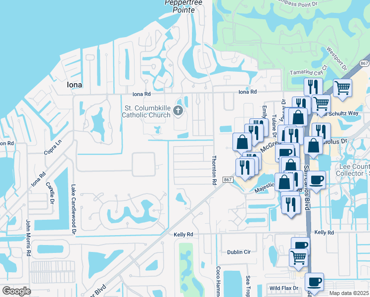 map of restaurants, bars, coffee shops, grocery stores, and more near 12141 Live Oak Drive in Fort Myers