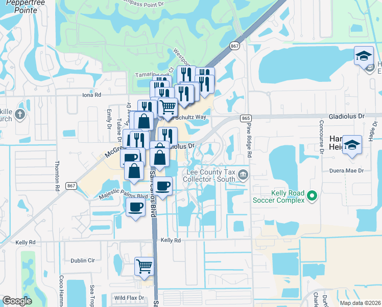 map of restaurants, bars, coffee shops, grocery stores, and more near 11561 Ocean Walk Circle in Fort Myers