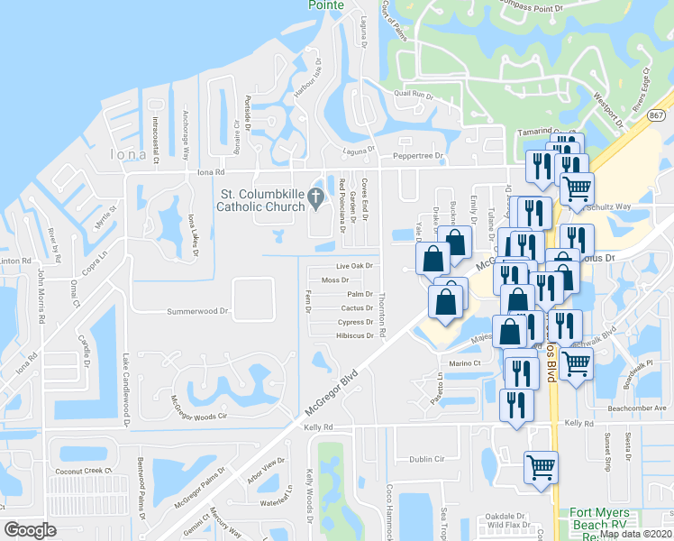map of restaurants, bars, coffee shops, grocery stores, and more near 12141 Live Oak Drive in Fort Myers