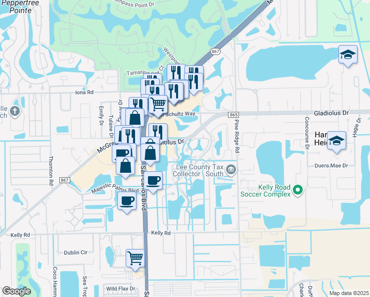 map of restaurants, bars, coffee shops, grocery stores, and more near 11561 Ocean Walk Circle in Fort Myers