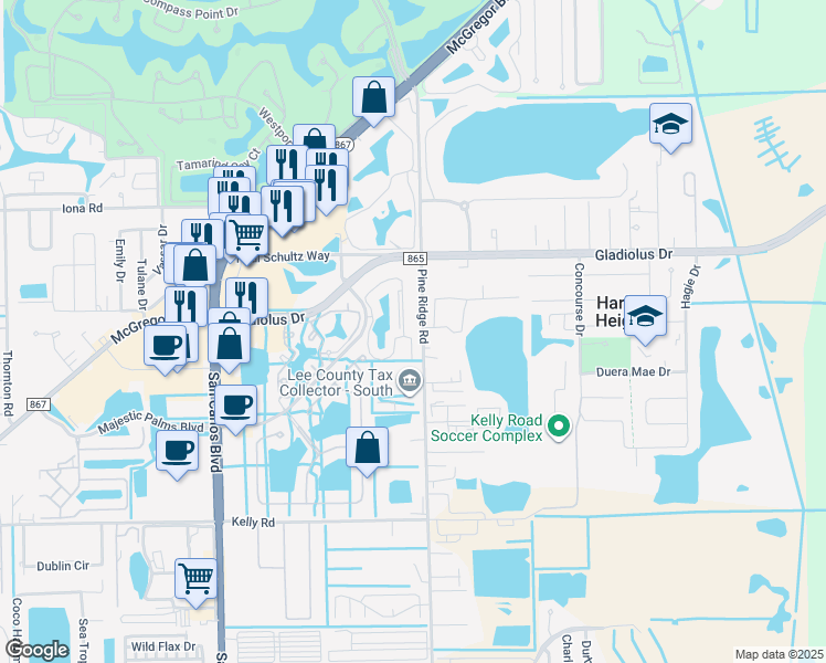 map of restaurants, bars, coffee shops, grocery stores, and more near 15551 Pine Ridge Road in Fort Myers
