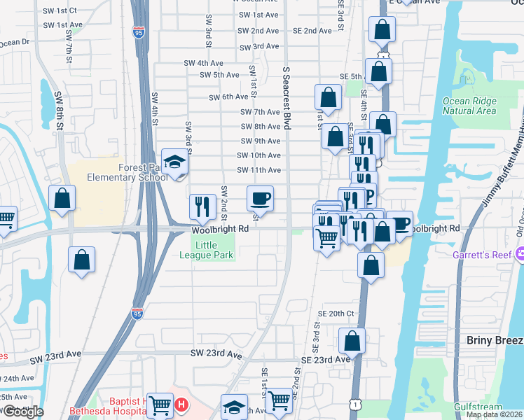 map of restaurants, bars, coffee shops, grocery stores, and more near 141 Southwest 14th Avenue in Boynton Beach