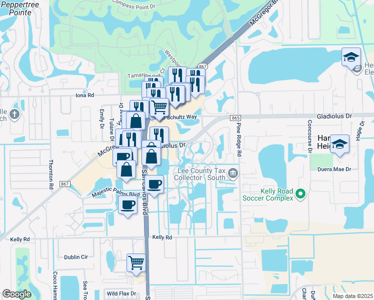 map of restaurants, bars, coffee shops, grocery stores, and more near 11561 Ocean Walk Circle in Fort Myers