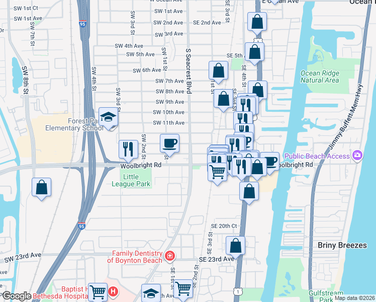 map of restaurants, bars, coffee shops, grocery stores, and more near 1417 South Seacrest Boulevard in Boynton Beach