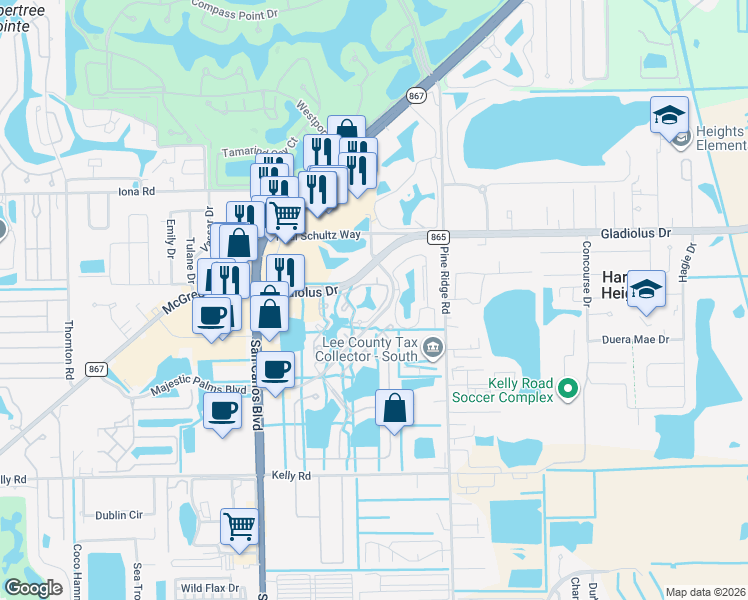 map of restaurants, bars, coffee shops, grocery stores, and more near 15585 Ocean Walk Circle in Fort Myers