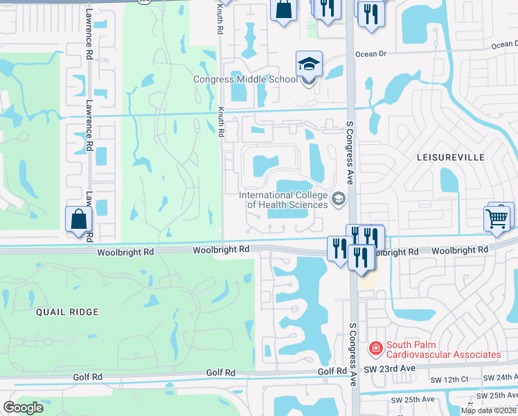 map of restaurants, bars, coffee shops, grocery stores, and more near 101 Azalea Circle in Boynton Beach