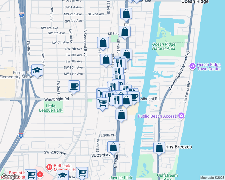 map of restaurants, bars, coffee shops, grocery stores, and more near 1351 South Federal Highway in Boynton Beach