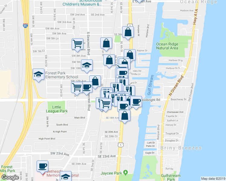 map of restaurants, bars, coffee shops, grocery stores, and more near 1575 South Federal Highway in Boynton Beach
