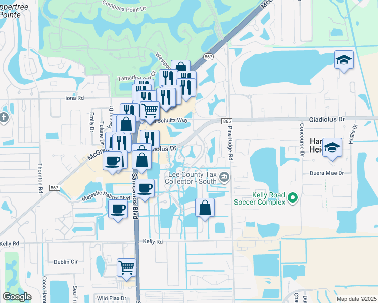 map of restaurants, bars, coffee shops, grocery stores, and more near 15605 Ocean Walk Circle in Fort Myers