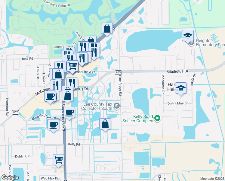 map of restaurants, bars, coffee shops, grocery stores, and more near 15490 Bellamar Circle in Fort Myers