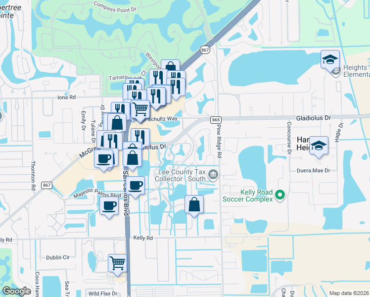 map of restaurants, bars, coffee shops, grocery stores, and more near 15585 Ocean Walk Circle in Fort Myers