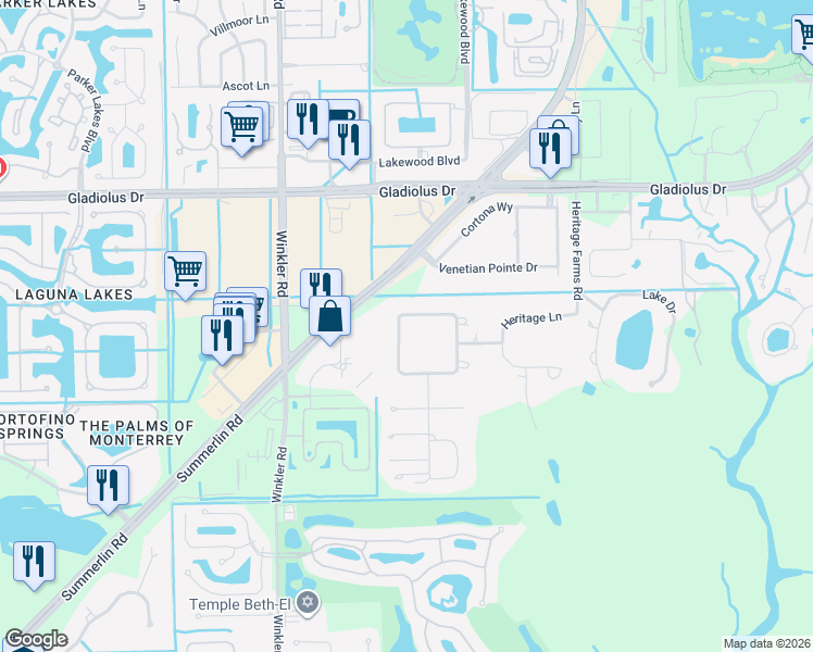 map of restaurants, bars, coffee shops, grocery stores, and more near 3714 Liberty Square in Fort Myers