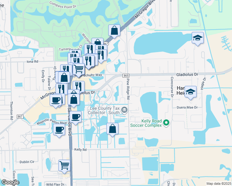 map of restaurants, bars, coffee shops, grocery stores, and more near 15490 Bellamar Circle in Fort Myers
