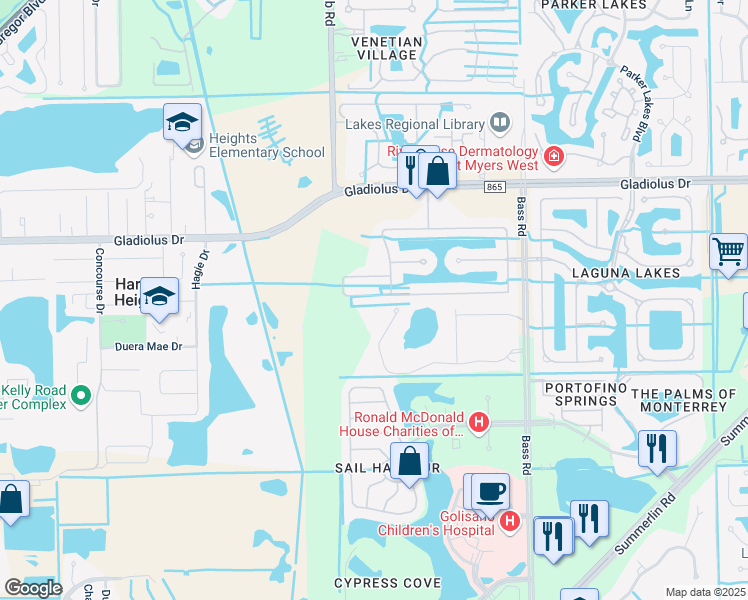map of restaurants, bars, coffee shops, grocery stores, and more near 9820 Gladiolus Bulb Loop in Fort Myers
