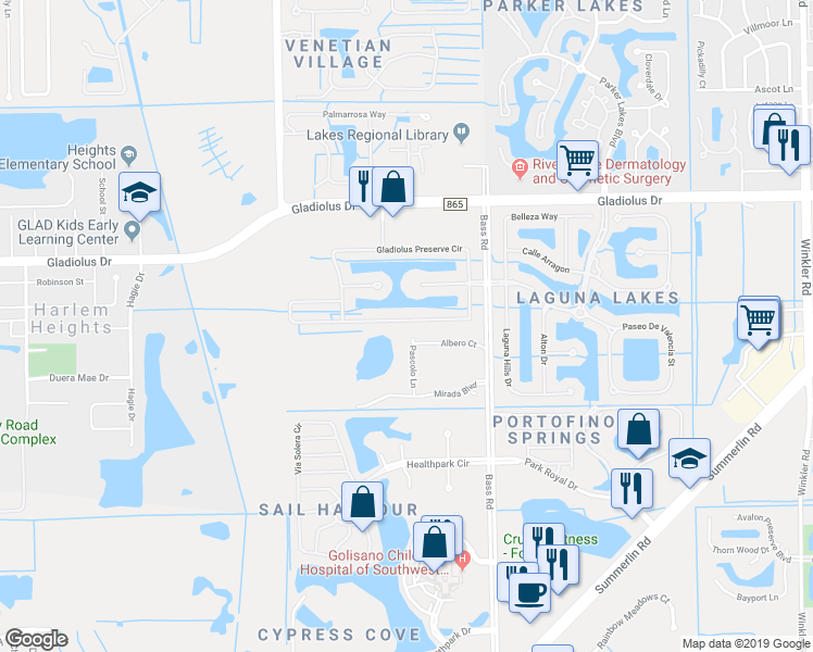 map of restaurants, bars, coffee shops, grocery stores, and more near 9150 Gladiolus Preserve Circle in Fort Myers