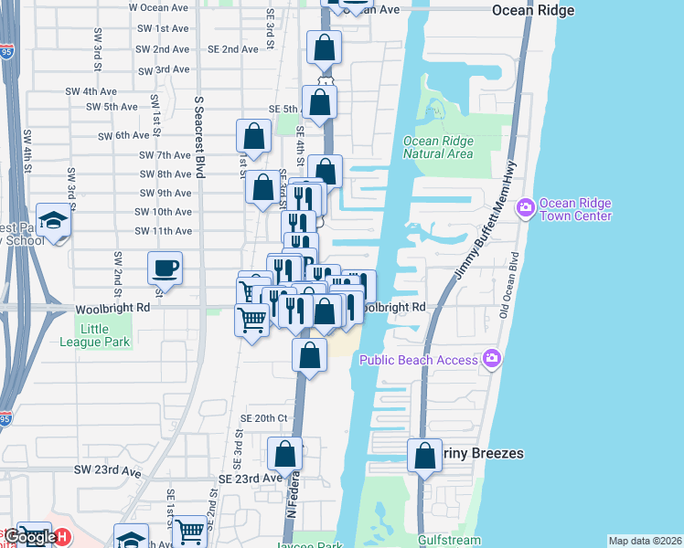 map of restaurants, bars, coffee shops, grocery stores, and more near 624B Riviera Drive in Boynton Beach