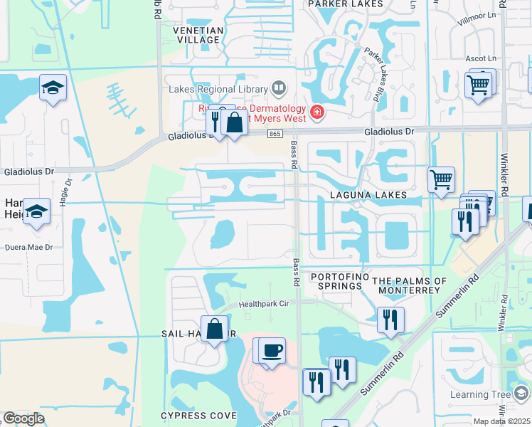 map of restaurants, bars, coffee shops, grocery stores, and more near 9570 Albero Court in Fort Myers